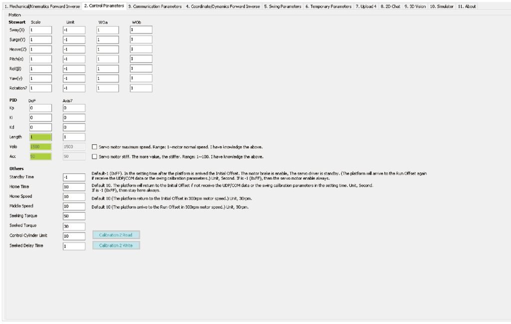 Setting of parameters such as proportion, amplitude, washout parameters, platform PID parameters, speed, stiffness positioning, standby time and torque for seven postures