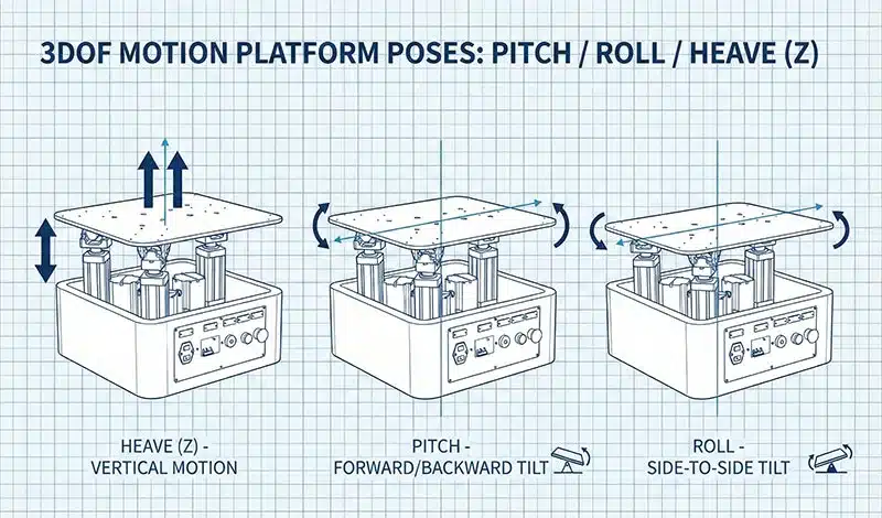 3 DOF motion platform poses: Pitch / Roll / Heave